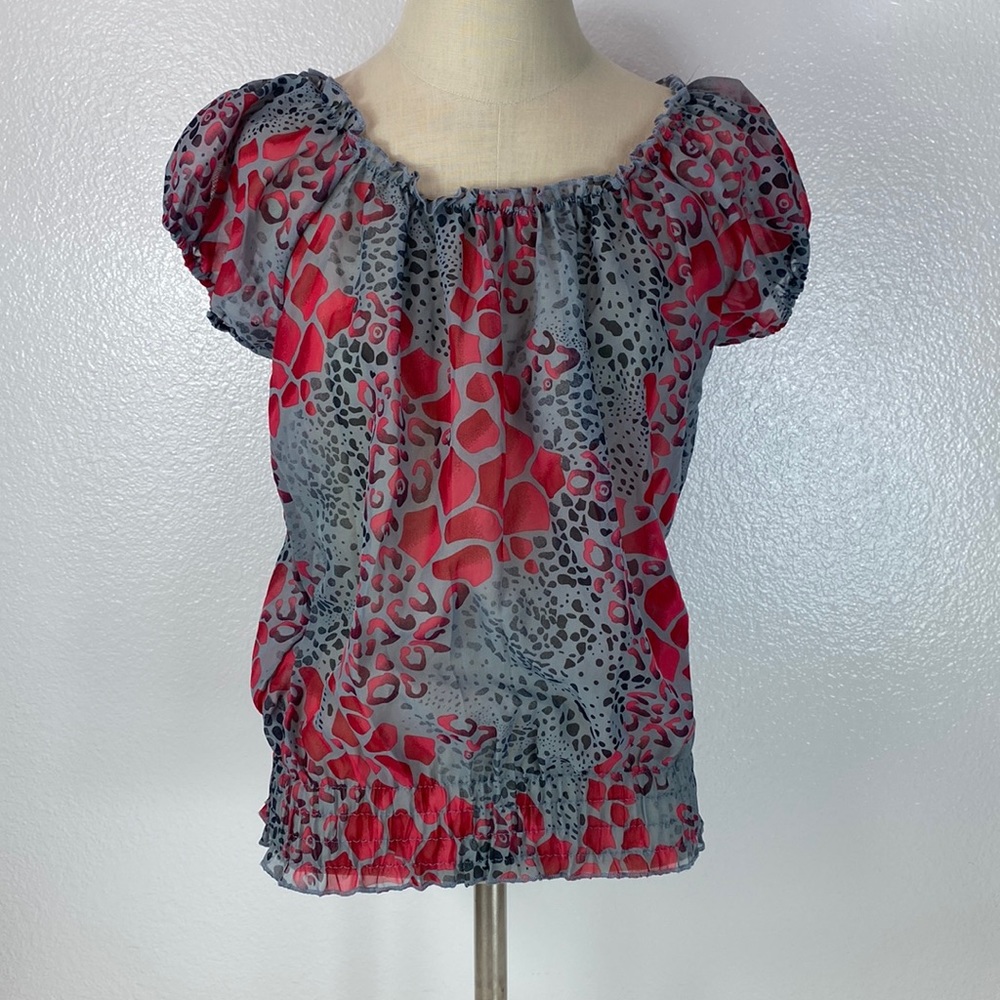 Sixteen Sheer, Short Sleeve, Red and Gray Blouse, Women’s Fit Small